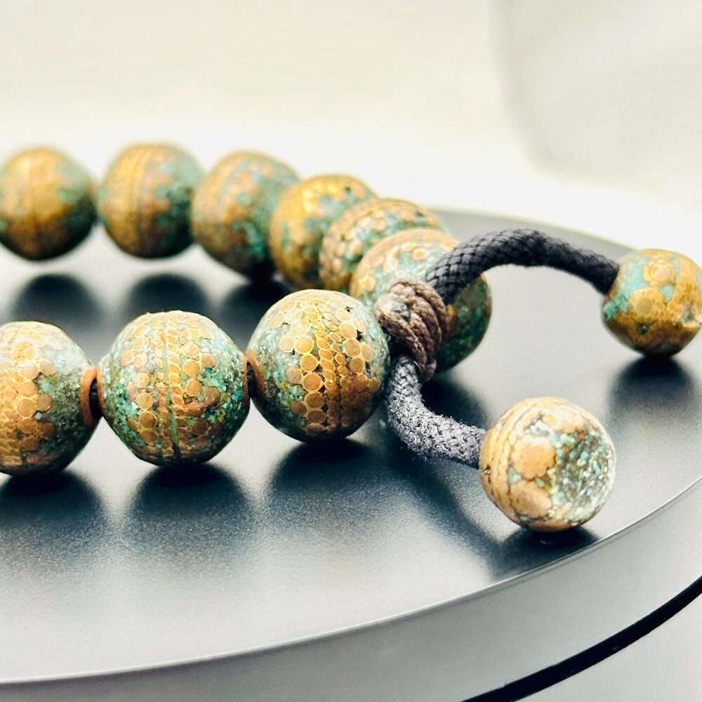 Vintage Hammered Brass Patina Bead Bracelet – Adjustable Cord